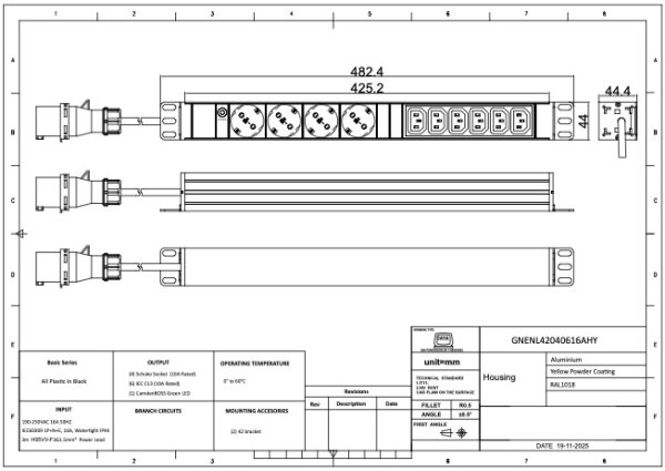 PDU, Standard 19", 1 HE, 6 x C13, 4 x Schuko  mit CEE Anschlußstecker, 3 m Anschlusskabel Chasis in gelb