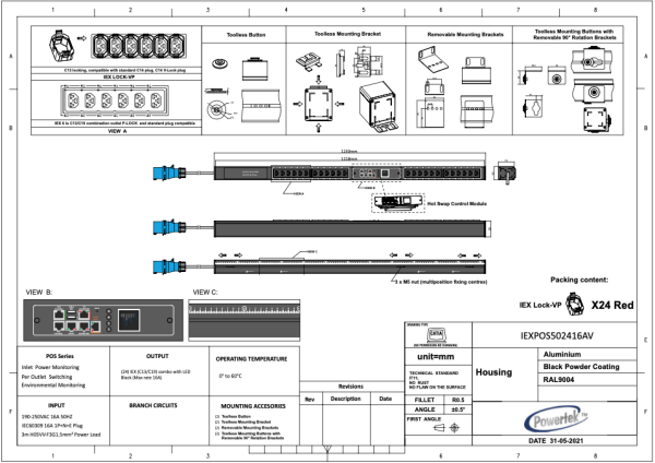 Monitored PDU, Smart PIM, vertikal, 16 A, Ausg&auml;nge: 20 x IEX Universal-Plug, Eingang: CEE (blau), 16A, 230 V