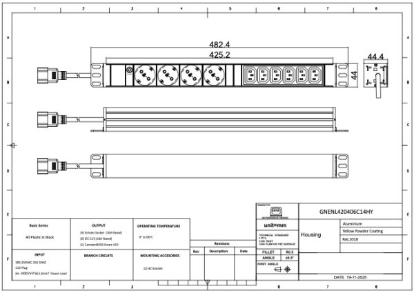 PDU, Standard 19", 1 HE, 6 x C13, 4 x Schuko  mit CEE Anschlu&szlig;stecker, 3 m Anschlusskabel